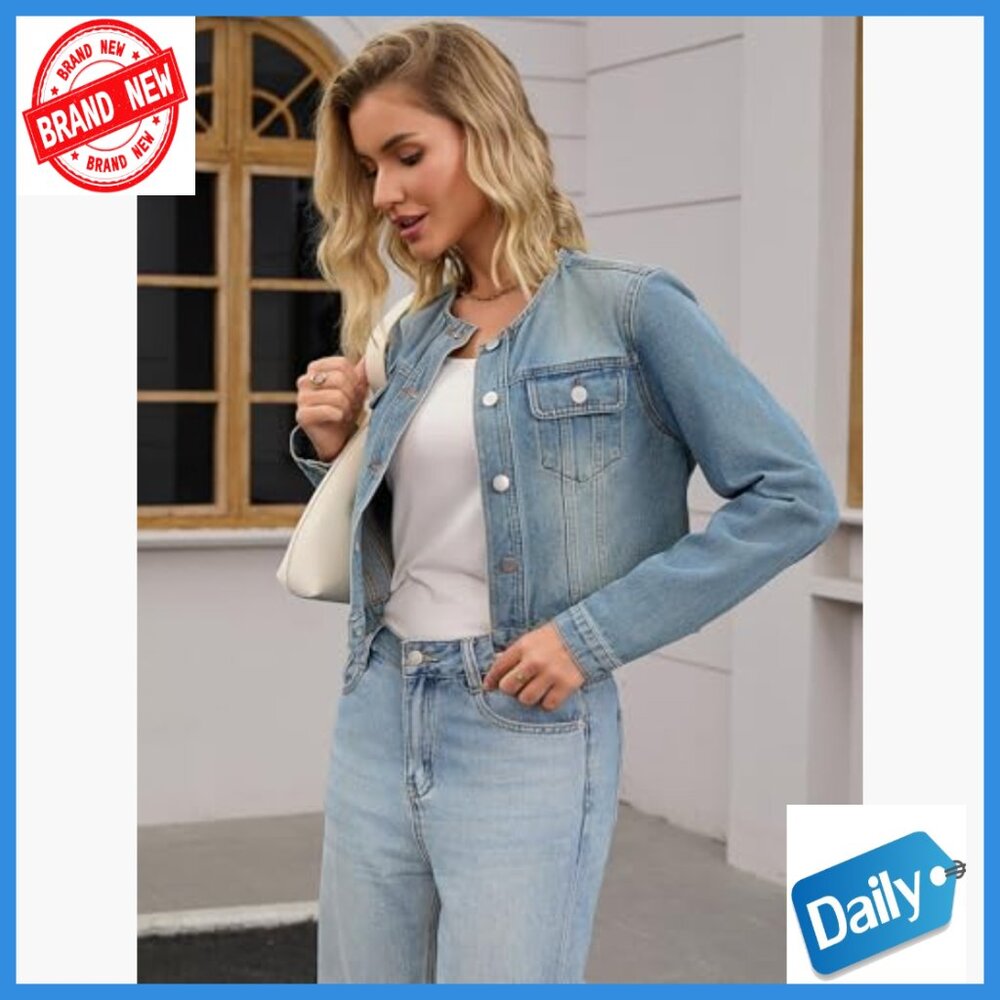 Classic Denim Jacket Collarless Button Down Long … - image 2